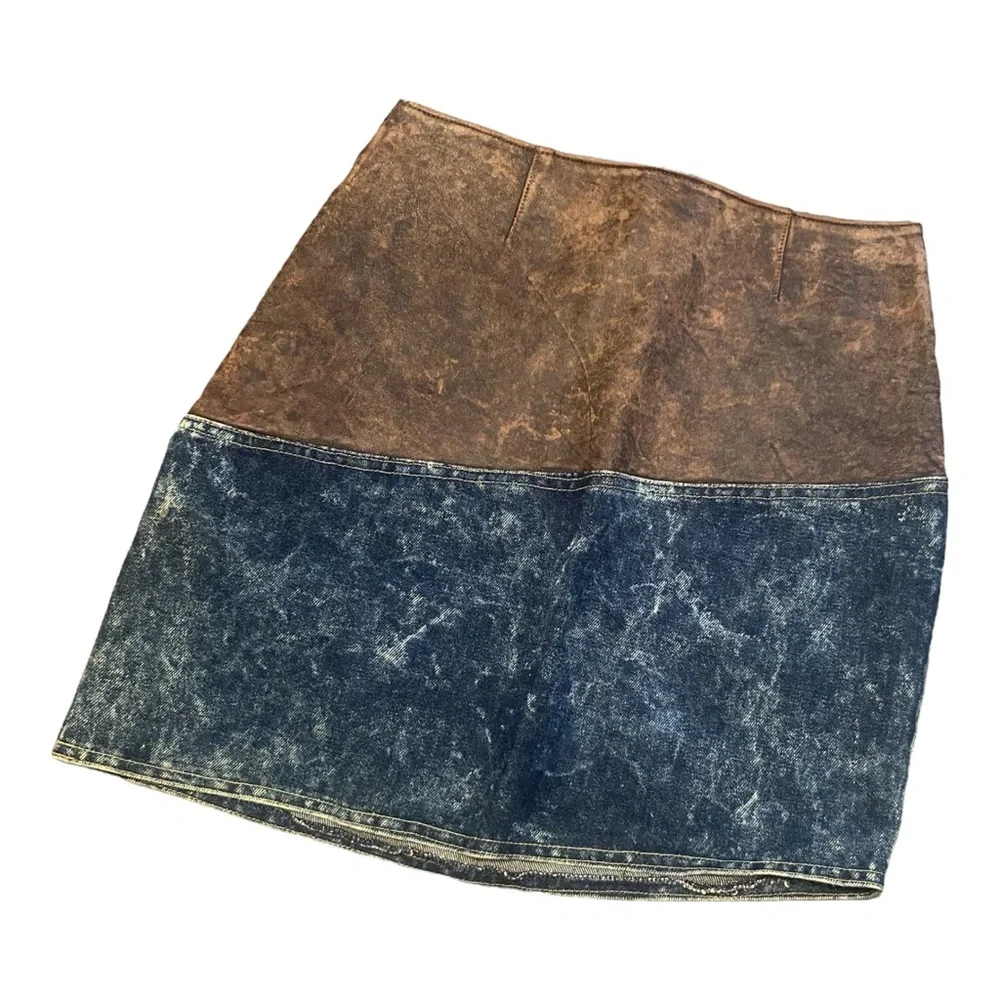 Vintage BB Dakota Genuine Leather and Acid Washed Denim Skirt